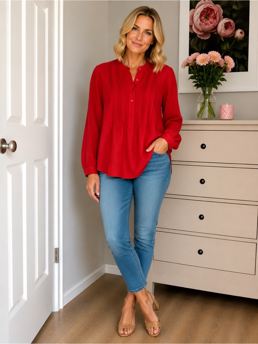 TravelSmith Red Pleated Long Sleeve Blouse Women’s SP Small Petite Career Office